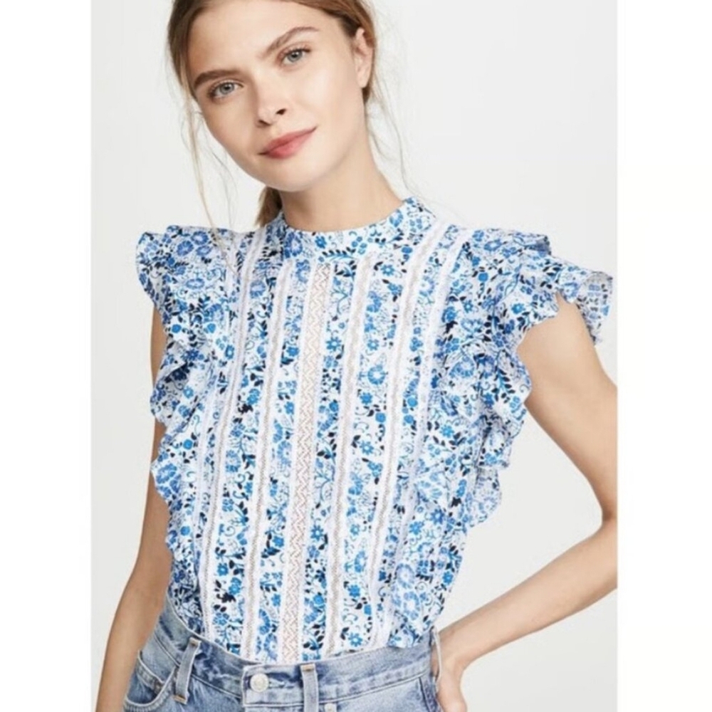 Veronica Beard Sol Top Blue White Floral Ruffle Short Sleeve Blouse
